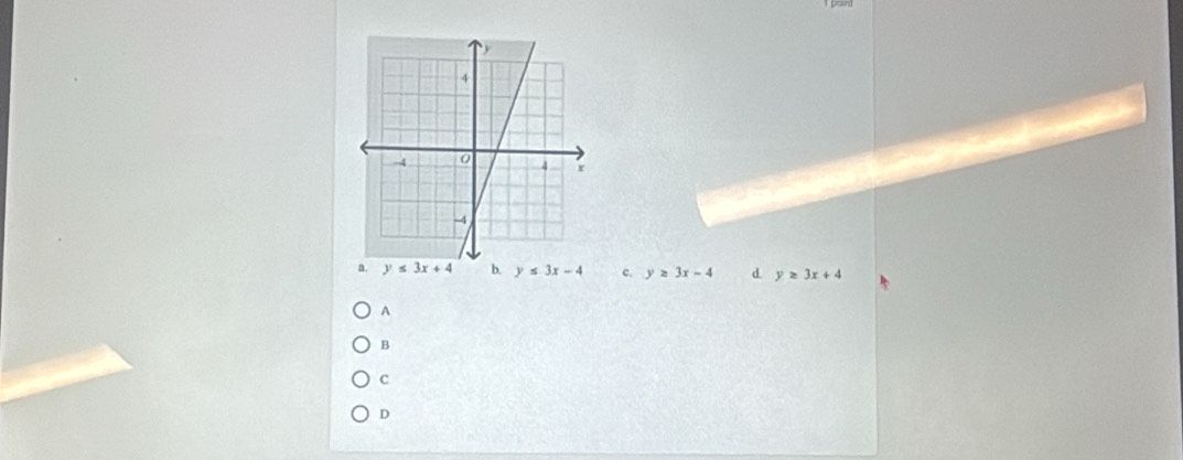 c. y≥ 3x-4 d. y≥ 3x+4
A
B
C
D