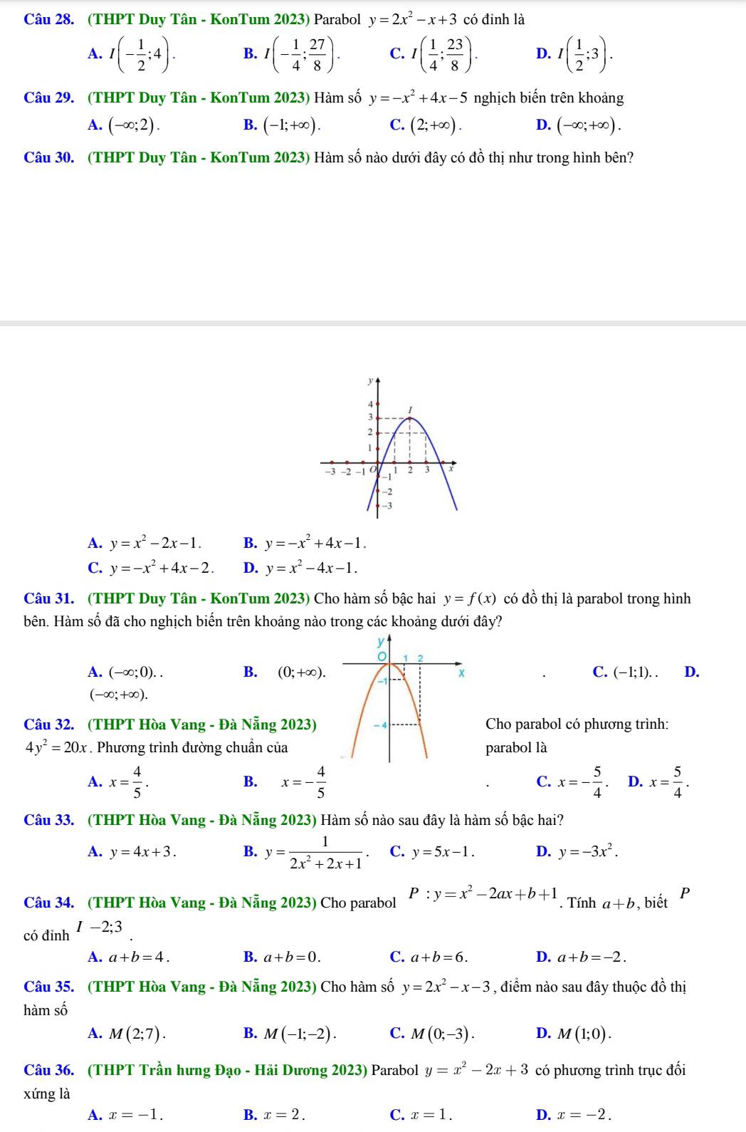 (THPT Duy Tân - KonTum 2023) Parabol y=2x^2-x+3 có đỉnh là
A. I(- 1/2 ;4). B. I(- 1/4 ; 27/8 ). C. I( 1/4 ; 23/8 ). D. I( 1/2 ;3).
Câu 29. (THPT Duy Tân - KonTum 2023) Hàm số y=-x^2+4x-5 nghịch biến trên khoảng
A. (-∈fty ;2). B. (-1;+∈fty ). C. (2;+∈fty ). D. (-∈fty ;+∈fty ).
Câu 30. (THPT Duy Tân - KonTum 2023) Hàm số nào dưới đây có đồ thị như trong hình bên?
A. y=x^2-2x-1. B. y=-x^2+4x-1.
C. y=-x^2+4x-2. D. y=x^2-4x-1.
Câu 31. (THPT Duy Tân - KonTum 2023) Cho hàm số bậc hai y=f(x) có đồ thị là parabol trong hình
bên. Hàm số đã cho nghịch biến trên khoảng nào trong các khoảng dưới đây?
A. (-∈fty ;0).. B. (0;+∈fty ). C. (-1;1).. D.
(-∈fty ;+∈fty ).
Câu 32. (THPT Hòa Vang - Đà Nẵng 2023) Cho parabol có phương trình:
4y^2=20x. Phương trình đường chuẩn của parabol là
A. x= 4/5 . B. x=- 4/5  x=- 5/4 . D. x= 5/4 .
C.
Câu 33. (THPT Hòa Vang - Đà Nẵng 2023) Hàm số nào sau đây là hàm số bậc hai?
A. y=4x+3. B. y= 1/2x^2+2x+1 . C. y=5x-1. D. y=-3x^2.
Câu 34. (THPT Hòa Vang - Đà Nẵng 2023) Cho parabol P:y=x^2-2ax+b+1. Tính a+b , biết P
có đinh I-2;3
A. a+b=4. B. a+b=0. C. a+b=6. D. a+b=-2.
Câu 35. (THPT Hòa Vang - Đà Nẵng 2023) Cho hàm số y=2x^2-x-3 , điểm nào sau đây thuộc đồ thị
hàm số
A. M(2;7). B. M(-1;-2). C. M(0;-3). D. M(1;0).
Câu 36. (THPT Trần hưng Đạo - Hải Dương 2023) Parabol y=x^2-2x+3 có phương trình trục đối
xứng là
A. x=-1. B. x=2. C. x=1. D. x=-2.