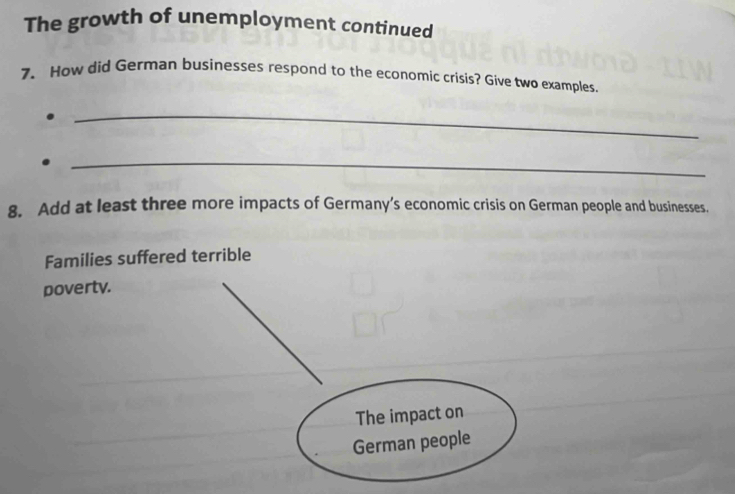 The growth of unemployment continued 
7. How did German businesses respond to the economic crisis? Give two examples. 
_ 
_ 
8. Add at least three more impacts of Germany’s economic crisis on German people and businesses. 
Families suffered terrible 
poverty. 
The impact on 
German people