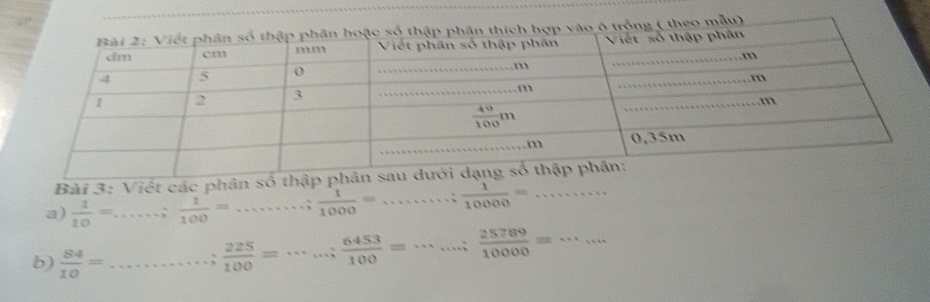 ộng ( theo mẫy)
Bài 3: Việt các phân số thậ
a)  1/10 = _ ;  1/100 = _  1/1000 = _  1/10000 = _
b)  84/10 = _. ;  225/100 = _  6453/100 = __.;  25789/10000 = _