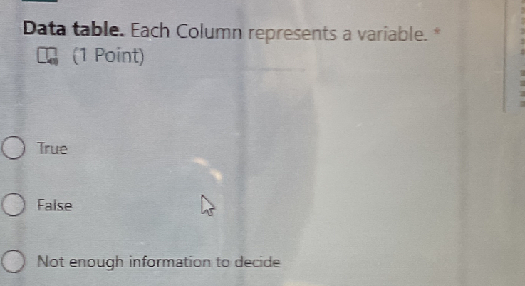 Data table. Each Column represents a variable. *
(1 Point)
True
False
Not enough information to decide