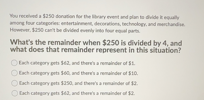 Solved: You received a $250 donation for the library event and plan to ...