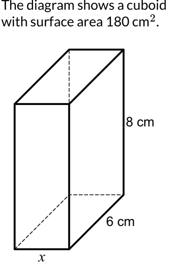 The diagram shows a cuboid 
with surface area 180cm^2.