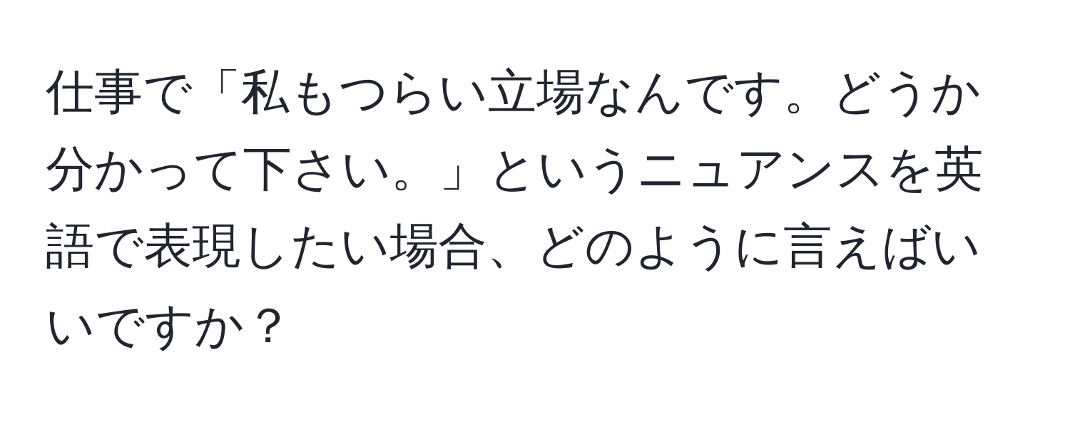 仕事で「私もつらい立場なんです。どうか分かって下さい。」というニュアンスを英語で表現したい場合、どのように言えばいいですか？