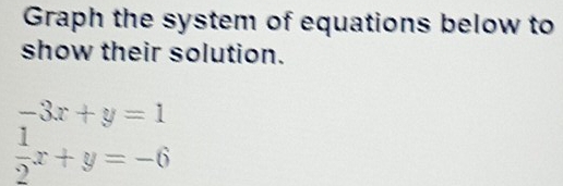 Graph the system of equations below to 
show their solution.
beginarrayr -3x+y=1  1/2 x+y=-6endarray