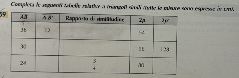 Completa le seguenti tabelle relative a triangoli simili (tutte le misure sono espresse in cm).
5