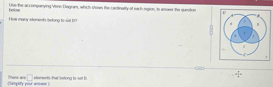 Use the accompanying Venn Diagram, which shows the cardinality of each region, to answer the question 
below. 
How many elements belong to set B? 
There are □ elements that belong to set B. 
(Simplify your answer.)