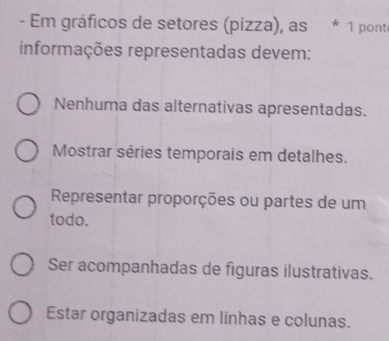 Em gráficos de setores (pizza), as * 1 ponte
informações representadas devem:
Nenhuma das alternativas apresentadas.
Mostrar séries temporais em detalhes.
Representar proporções ou partes de um
todo.
Ser acompanhadas de figuras ilustrativas.
Estar organizadas em linhas e colunas.