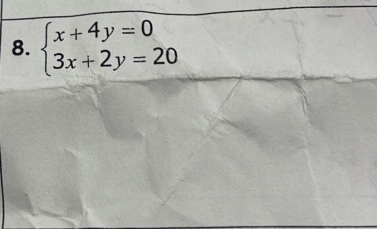 beginarrayl x+4y=0 3x+2y=20endarray.