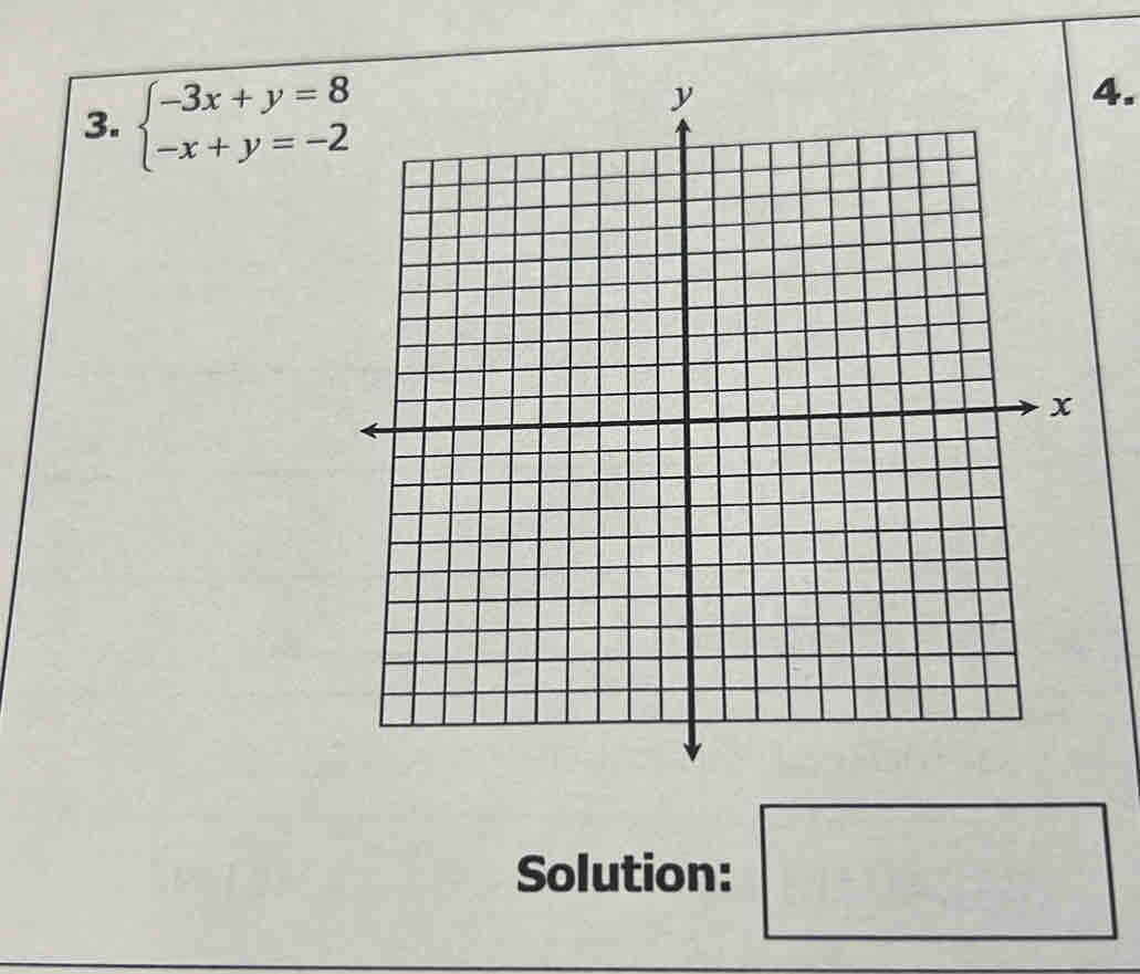 beginarrayl -3x+y=8 -x+y=-2endarray.
4. 
Solution: □