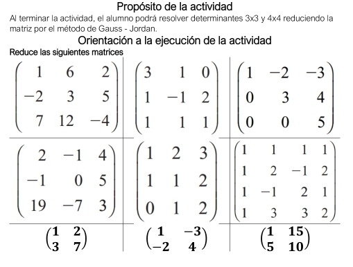 Propósito de la actividad
Al terminar la actividad, el alumno podrá resolver determinantes 3* 3 y 4* 4 reduciendo la
matriz por el método de Gauss - Jordan.
Orientación a la ejecución de la actividad