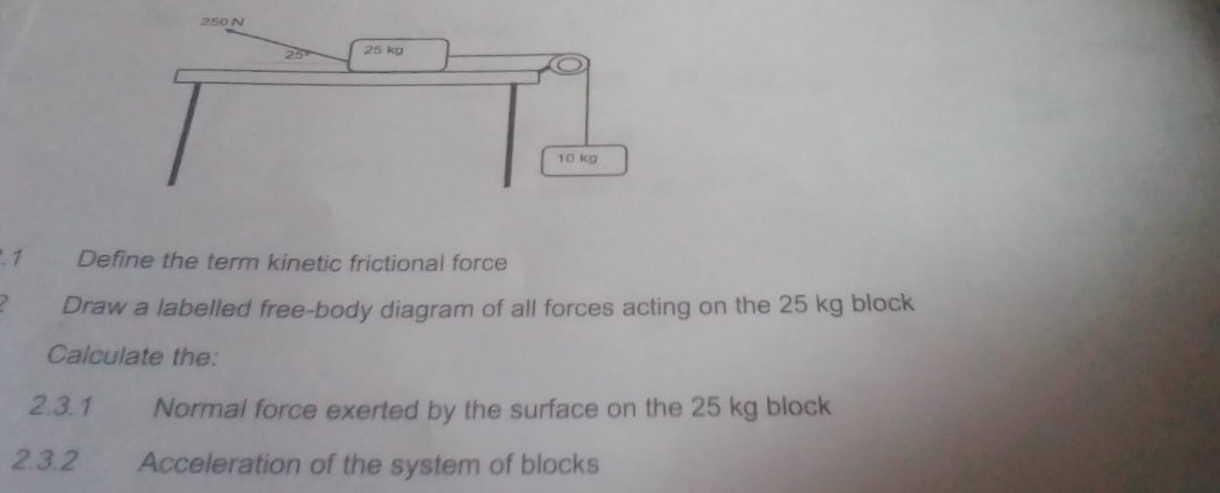 Define the term kinetic frictional force
Draw a labelled free-body diagram of all forces acting on the 25 kg block
Calculate the:
2.3.1 Normal force exerted by the surface on the 25 kg block
2.3.2 Acceleration of the system of blocks