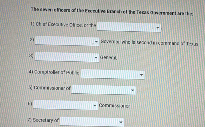 The seven officers of the Executive Branch of the Texas Government are the: 
1) Chief Executive Office, or the 
2) Governor, who is second in-command of Texas 
3) General, 
4) Comptroller of Public 
5) Commissioner of 
6) 
Commissioner 
7) Secretary of