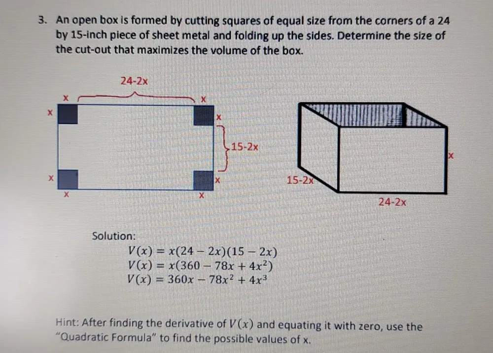 Solved: An open box is formed by cutting squares of equal size from the ...