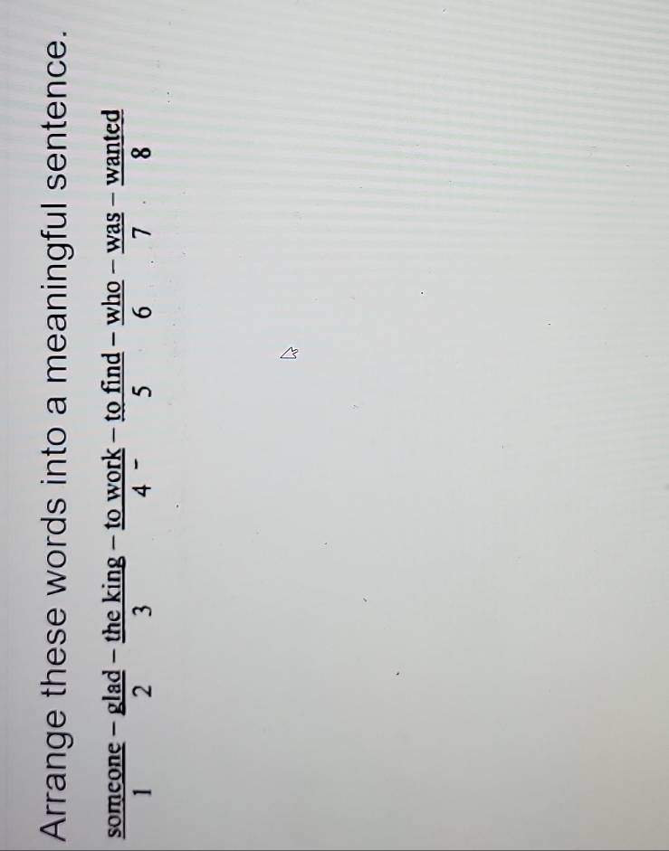 Arrange these words into a meaningful sentence. 
someone - glad - the king - to work -  (-tofind)/5 - who/6 - was/7 - wanted/8  
01
1 2 3 4 -