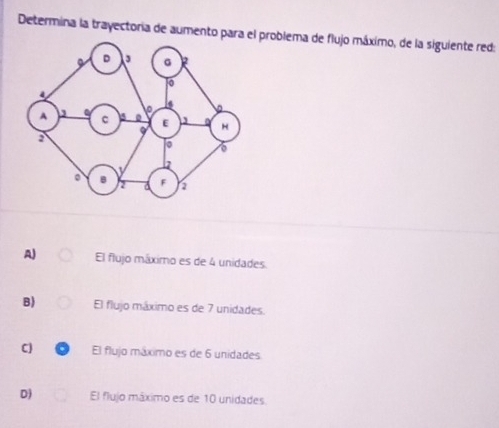 Determina la trayectoria de aumento para el problema de flujo máximo, de la siguiente red:
A) El flujo máximo es de 4 unidades
B) El flujo máximo es de 7 unidades.
C . El flujo máximo es de 6 unidades
D) El flujo máximo es de 10 unidades