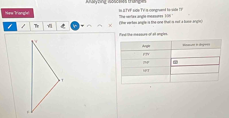 Solved: Analyzing isosceles trangles New Triangle! In ΔTVF side TV is ...