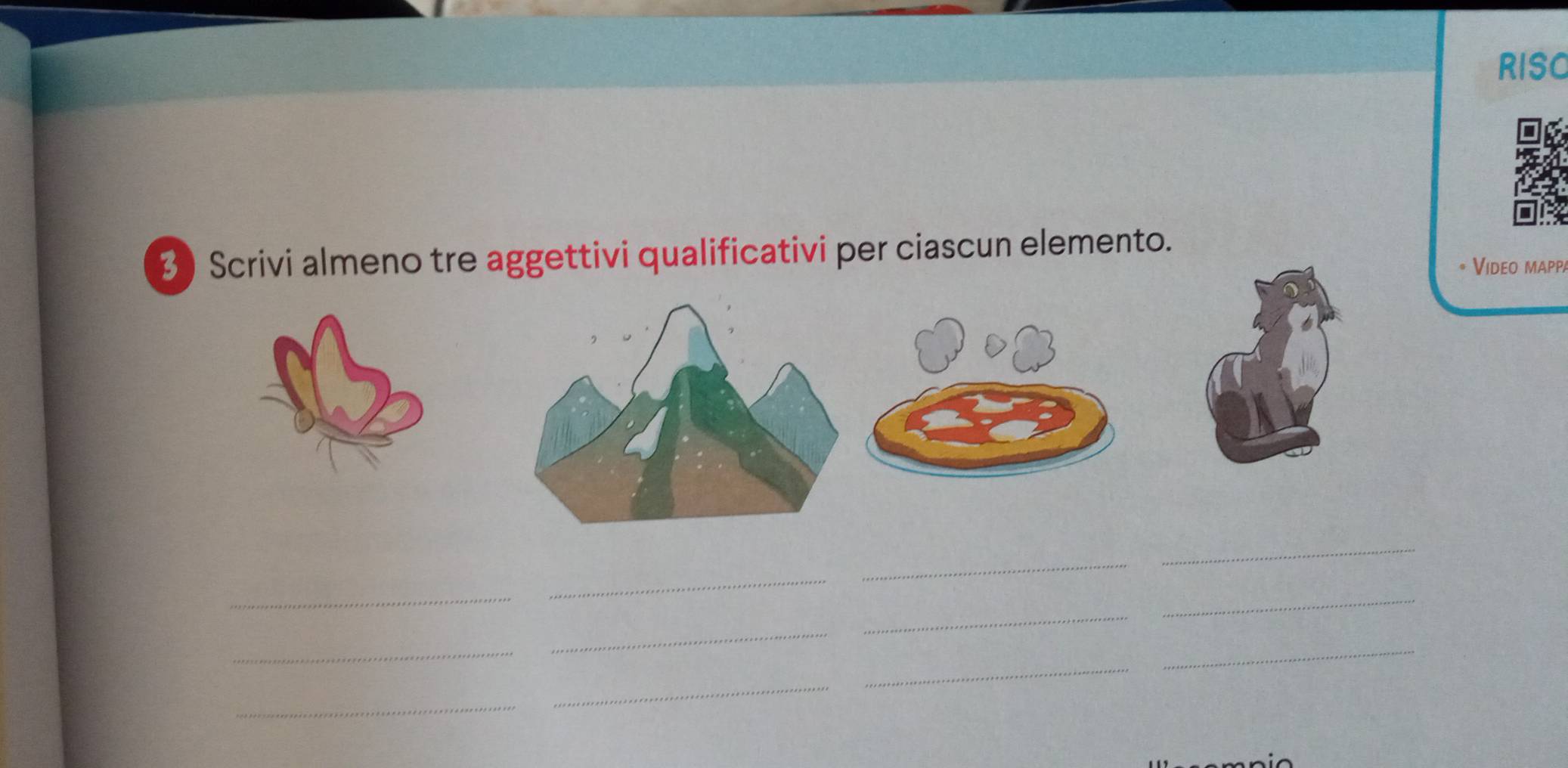 RISO 
3) Scrivi almeno tre aggettivi qualificativi per ciascun elemento. 
* Video mappa 
_ 
_ 
_ 
_ 
_ 
_ 
_ 
_ 
_ 
_ 
_ 
_