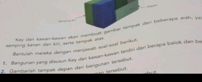 Depan 
Samping kin 
Key dan kawan-kawan akan membuat gambar tampak dari beberapa arah, ya 
samping kanan dan kiri, serta tampak atas. 
Bantulah mereka dengan menjawab soal-soal berikut. 
1. Bangunan yang disusun Key dan kawan-kawan terdiri dari berapa balok dan be 
2. Gambarlah tampak depan dari bangunan tersebut. 
an tersebut. 
but