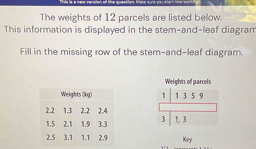 This is a new version of the question. Make sure you start new workings. 
The weights of 12 parcels are listed below. 
This information is displayed in the stem-and-leaf diagram 
Fill in the missing row of the stem-and-leaf diagram. 
Weights of parcels 

Key