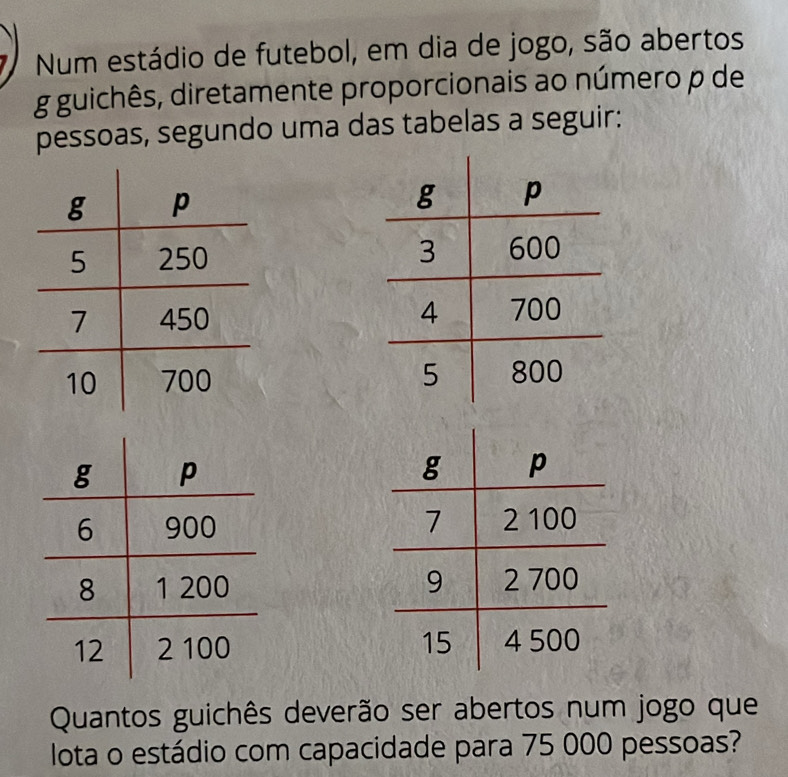 Num estádio de futebol, em dia de jogo, são abertos 
g guichês, diretamente proporcionais ao número p de 
pessoas, segundo uma das tabelas a seguir: 





Quantos guichês deverão ser abertos num jogo que 
lota o estádio com capacidade para 75 000 pessoas?