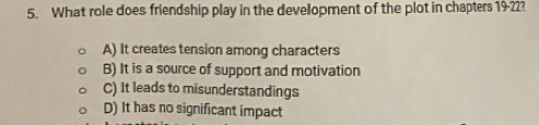 What role does friendship play in the development of the plot in chapters 19-22?
A) It creates tension among characters
B) It is a source of support and motivation
C) It leads to misunderstandings
D) It has no significant impact