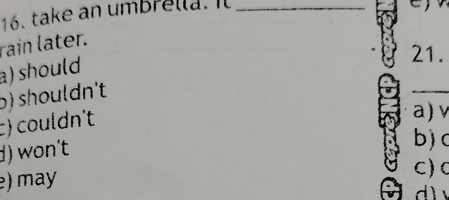tak e n b ell a . _
rain later.
a) should
21.
b) shouldn't
c) couldn't
a) v
d) won't
b) c
e) may
C)C
d)