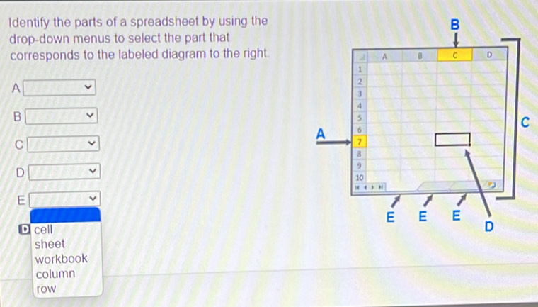 Solved: Identify the parts of a spreadsheet by using the drop-down ...
