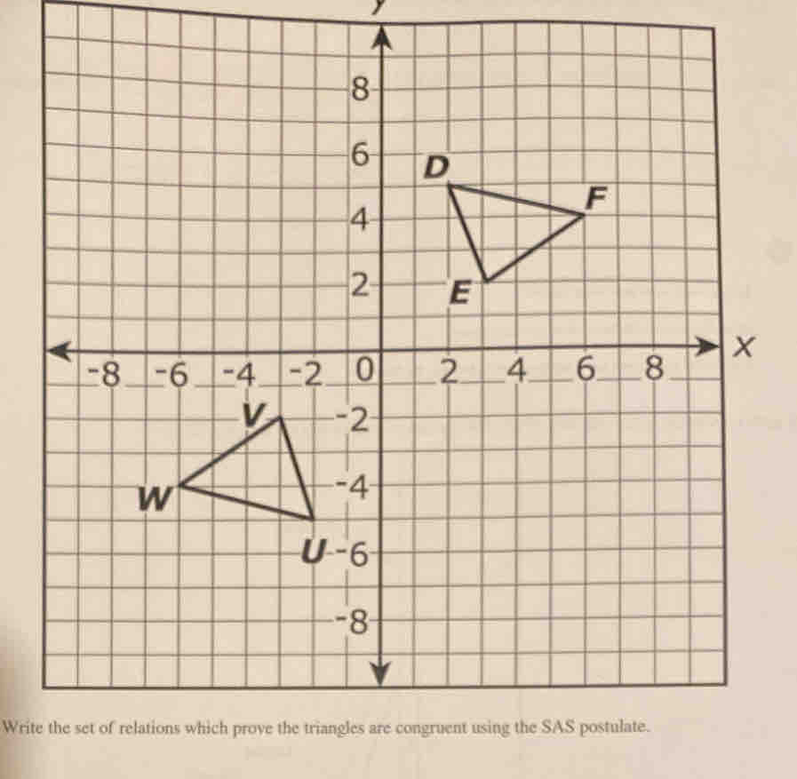 y
Write the set of relations which prove the triangles are congruent using the SAS postulate.