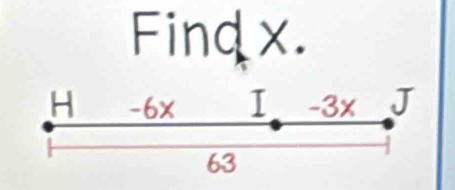 Find x.
H -6x I -3x J
63