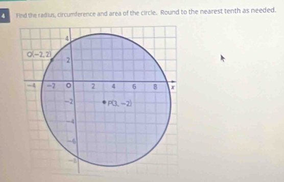 Find the radius, circumference and area of the circle. Round to the nearest tenth as needed.