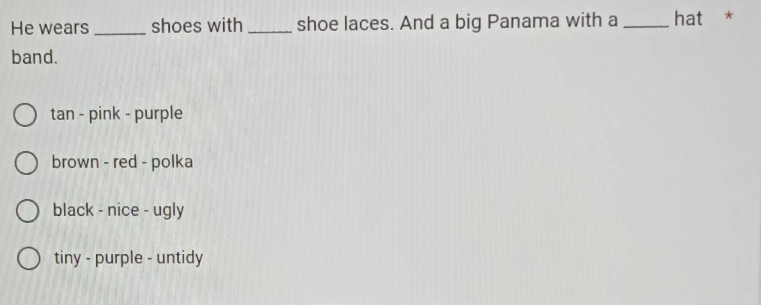 He wears _shoes with _shoe laces. And a big Panama with a _hat *
band.
tan - pink - purple
brown - red - polka
black - nice - ugly
tiny - purple - untidy