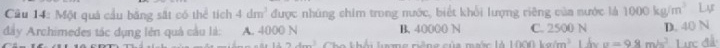 Cầu 14: Một quả cầu băng sắt có thể tích được nhúng chim trong nước, biết khổi lượng riêng của nước là 4dm^3 1000kg/m^3 Lự
đây Archimedes tác dụng lên quả cầu là: A. 4000 N B. 40000 N C. 2500 N D. 40 N
12m-_ circ _ 2_  △ 1000kg/m^3 Lấy a=9.8m/s^3 Lực đễ