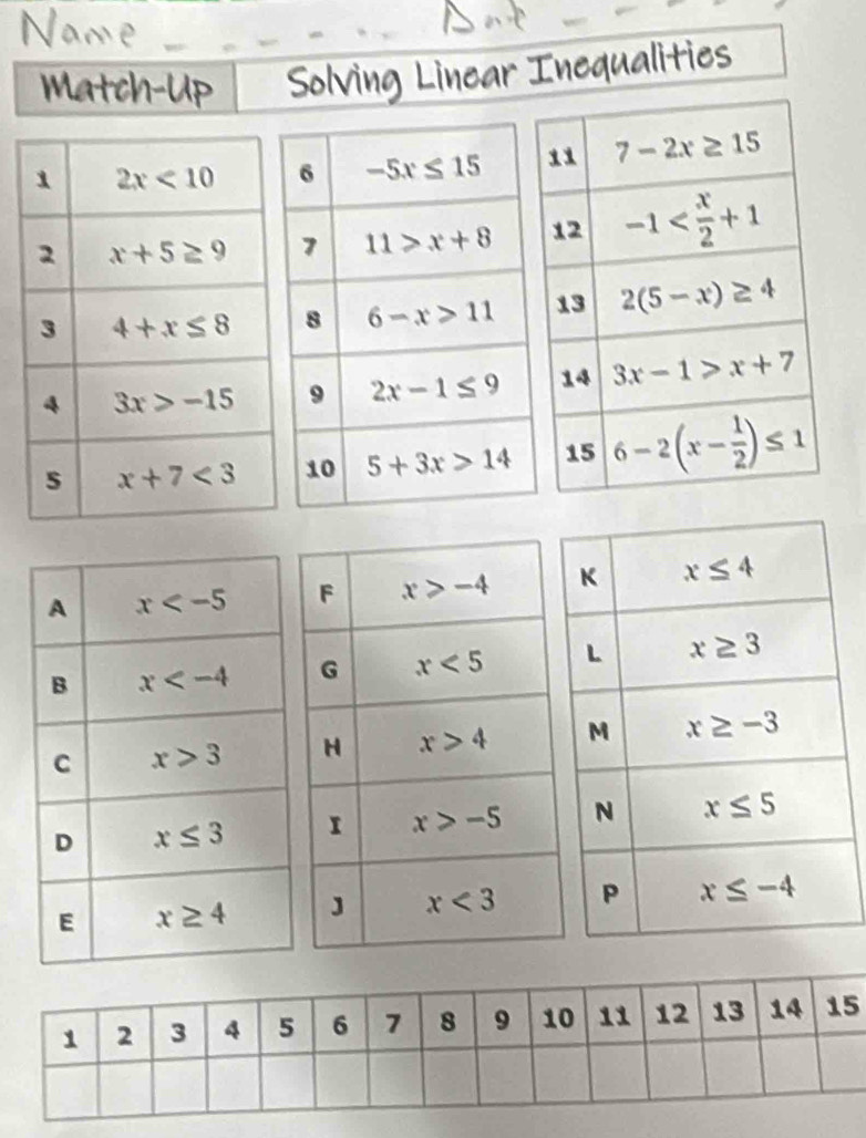 Na
Match-Up Solving Linear Inequalities
6 -5x≤ 15
7 11>x+8
8 6-x>11
9 2x-1≤ 9
10 5+3x>14