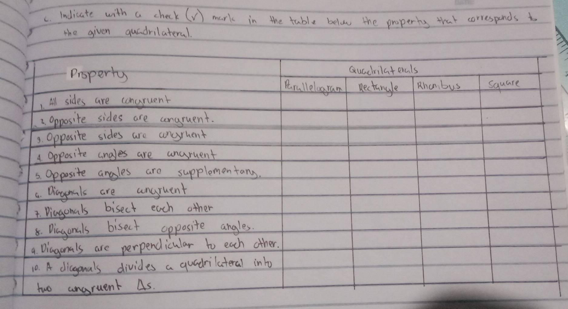 Indicate with a check (V) mark in the table below the property that corresponds to 
the given quadrilateral.