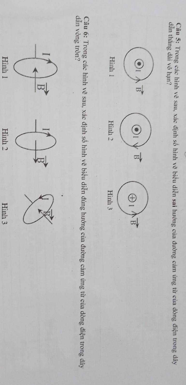 Trong các hình vẽ sau, xác định số hình vẽ biểu diễn sai hướng của đường cảm ứng từ của dòng điện trong dây
dẫn thắng dài vô hạn?
1 vector B
01 vector B
oplus vector B
Hình 1 Hình 2 Hình 3
Câu 6: Trong các hình vẽ sau, xác định số hình yẽ biểu diễn đúng hướng của đường cảm ứng từ của dòng điện trong dây
dẫn vòng tròn?
Hình 1 Hình 2 Hình 3