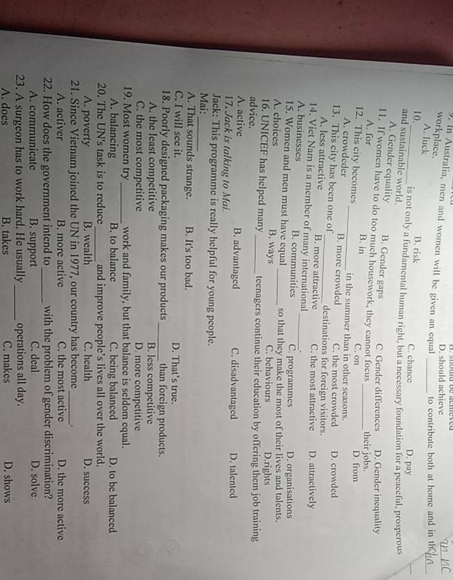 D. should achieve
9. In Australia, men and women will be given an equal _to contribute both at home and in th
workplace.
A. luck
10. B. risk C. chance D. pay
and sustainable world. is not only a fundamental human right, but a necessary foundation for a peaceful, prosperous
A. Gender equality B. Gender gaps C Gender differences
11. If women have to do too much housework, they cannot focus _their jobs. D. Gender inequality
A. for B. in C. on
12. This city becomes_ in the summer than in other seasons. D. from
A. crowdeder B. more crowded C. the most crowded
13. This city has been one of _destinations for foreign visitors. D. crowded
A. less attractive B. more attractive C. the most attractive D. attractively
14. Viet Nam is a member of many international .
A. businesses B. communities _C. programmes D. organisations
15. Women and men must have equal so that they make the most of their lives and talents.
A. choices B. ways _C. behaviours D.rights
16. UNICEF has helped many _teenagers continue their education by offering them job training
advice.
A. active B. advantaged C. disadvantaged D. talented
17. Jack is talking to Mai
Jack: This programme is really helpful for young people.
Mai:
_
A. That sounds strange. B. It's too bad.
C. I will see it. D. That’s true.
18. Poorly designed packaging makes our products _than foreign products.
A. the least competitive B. less competitive
C. the most competitive D. more competitive
19. Most women try _work and family, but that balance is seldom equal.
A. balancing B. to balance C. being balanced D. to be balanced
20. The UN's task is to reduce_ and improve people’s lives all over the world.
A. poverty B. wealth C. health D. success
21. Since Vietnam joined the UN in 1977, our country has become _.
A. activer B. more active C. the most active D. the more active
22. How does the government intend to_ with the problem of gender discrimination?
A. communicate B. support C. deal D. solve
23. A surgeon has to work hard. He usually_ operations all day.
A. does B. takes C. makes D. shows