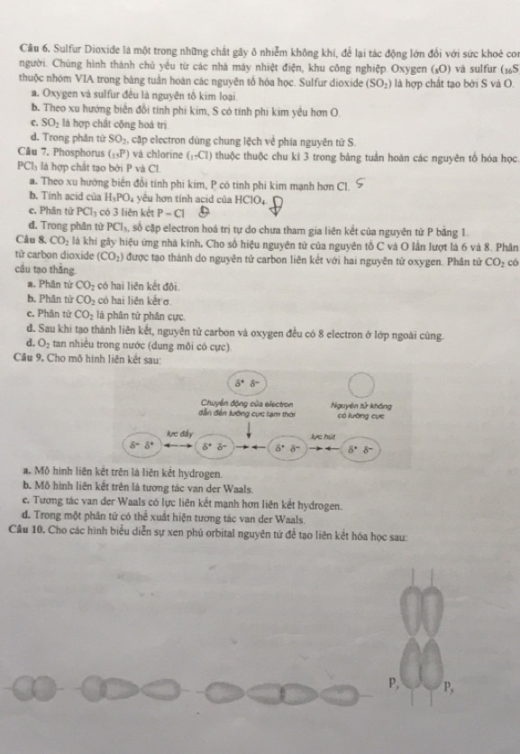 Sulfur Dioxide là một trong những chất gây δ nhiễm không khí, để lại tác động lớn đổi với sức khoẻ co
người. Chúng hình thành chủ yếu từ các nhà máy nhiệt điện, khu công nghiệp. Oxygen (sO) và sulfur (36°
thuộc nhóm VIA trong băng tuần hoàn các nguyên tố hóa học. Sulfur dioxide (SO_2) là hợp chất tạo bởi S và O.
a. Oxygen và sulfur đều là nguyên tố kim loại.
b. Theo xu hướng biển đổi tính phi kim, S có tính phi kim yều hơn O.
C. SO_2 là hợp chất cộng hoá trị
d. Trong phân tử SO_2, cập electron dùng chung lệch về phía nguyên tử S.
Câu 7. Phosphorus (_15P) và chlorine (_17Cl) thuộc thuộc chu ki 3 trong bảng tuần hoàn các nguyên tố hóa học
PCl_3 là hợp chất tạo bởi P và Cl.
a. Theo xu hướng biển đổi tinh phi kim, P có tính phi kim mạnh hơn Cl.
b. Tinh acid của H_3PO_4 yêu hơn tính acid của HC O
c, Phân tử PCl_3 có 3 liên kết P-C1
d. Trong phân từ PCl_3, số cập electron hoá trị tự do chưa tham gia liên kết của nguyên tử P bằng 1.
Câu 8. CO_2 là khi gây hiệu ứng nhà kính, Cho số hiệu nguyên tử của nguyên tố C và O lần lượt là 6 và 8. Phân
tữ carbon dioxide (CO_2) được tạo thành do nguyên tử carbon liên kết với hai nguyên tử oxygen. Phân tử CO_2 có
cầu tạo thẳng
a. Phân từ CO_2 có hai liên kết đội.
b. Phân tử CO_2 có hai liên kết σ.
c, Phân từ CO_2 là phân tử phân cực.
d. Sau khi tạo thành liên kết, nguyên tử carbon và oxygen đều có 8 electron ở lớp ngoài cùng
d. O_2 tan nhiều trong nước (dung môi có cực)
Cầu 9. Cho mô hình liên kết sau:
a. Mộ hình liênliên kết hydrogen.
b. Mô hình liên kết trên là tương tác van der Waals.
e. Tương tác van der Waals có lực liên kết mạnh hơn liên kết hydrogen.
d. Trong một phân tử có thể xuất hiện tương tác van der Waals.
Câu 10. Cho các hình biểu diễn sự xen phủ orbital nguyên tứ để tạo liên kết hóa học sau:
P, P,