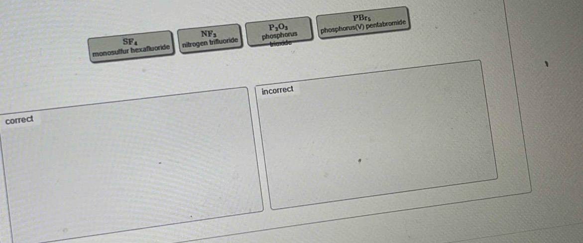 PBr_5
P_2O_3
NF_3
monosulfur hexafluoride SF_4 nitrogen trifluoride phosphorus phosphorus(V) pentabromide
trioxide
incorrect
correct