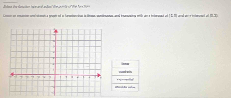 Select the function type and adjust the points of the function.
Creste an equation and skatch a graph of a function that is limear, continuous, and incressing with an x-intercept at ( 2,0) and an y-intercept at (1,2)
lnear
quedratic
exponential
stmclute value