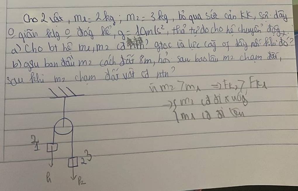 Cho2 ex, m_1=2kg; m_2=3kg , bó qua siec càn KK, son. dōy 
Oqiān Rig o dag Rē g=10m/s^2 , tha to do cho hé chayendog 
a chobt he me,me dd groc va liec (ag of day náí Ru do? 
b)agu bandai me cach dai 8m, hǎ sau baolāi me cham fā, 
sau Phi my cham dai uat od roin? 
in m_2 7m_A Rightarrow F_k2> F 
I
beginarrayl m_2cddixuGj m_11d m_1122)endarray.
beginarrayr 2 1endarray
4 2^2
B