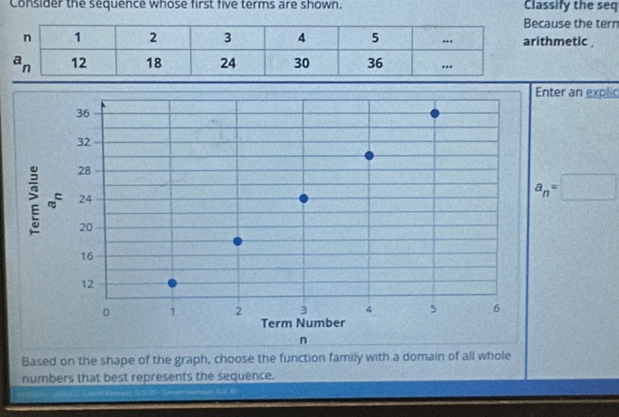 Consider the sequence whose first five terms are shown. Classify the seq
cause the tern
ithmetic .
r an explic
a_n=□
Based on the shape of the graph, choose the function family with a domain of all whole
numbers that best represents the sequence.