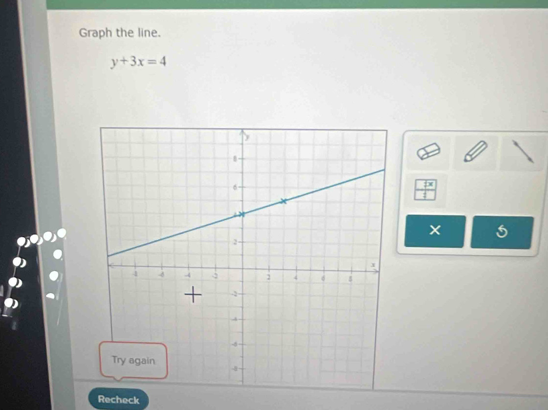 Graph the line.
y+3x=4
fx
5
Recheck