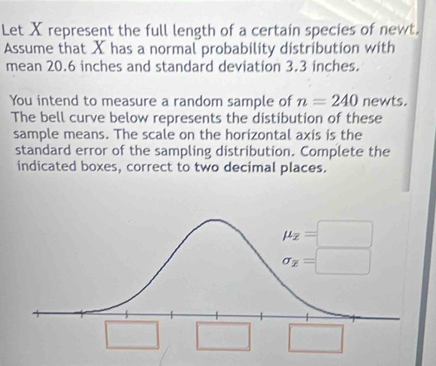 Let X represent the full length of a certain species of newt.
Assume that X has a normal probability distribution with
mean 20.6 inches and standard deviation 3.3 inches.
You intend to measure a random sample of n=240 newts.
The bell curve below represents the distibution of these
sample means. The scale on the horizontal axis is the
standard error of the sampling distribution. Complete the
indicated boxes, correct to two decimal places.
□ frac circ 