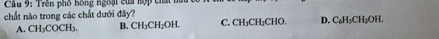Cầu 9: Trên phố hồng ngoại của hợp chất 1
chất nào trong các chất dưới đây?
A. CH_3COCH_3. B. CH_3CH_2OH. C. CH_3CH_2CHO. D. C_6H_5CH_2OH.