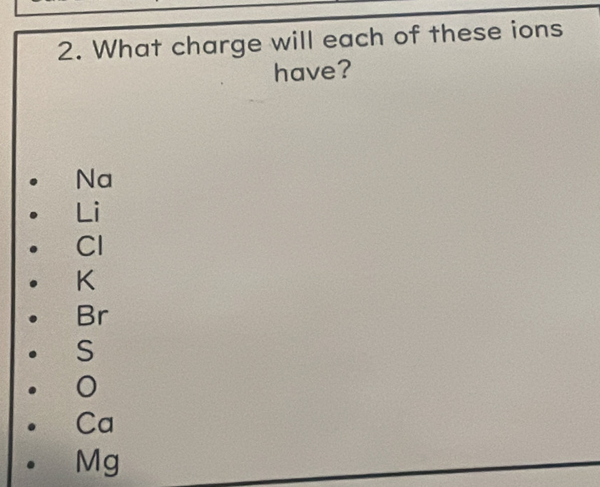 What charge will each of these ions 
have? 
Na 
Li 
Cl
K
Br 
S
Ca
Mg