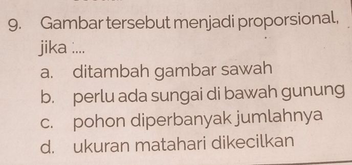 Gambar tersebut menjadi proporsional,
jika ....
a. ditambah gambar sawah
b. perlu ada sungai di bawah gunung
c. pohon diperbanyak jumlahnya
d. ukuran matahari dikecilkan