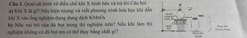 Quan sát hình vẽ điều chế khí X hình bên và trả lời Câu hỏi 
a) Khí X là gì? Nêu hiện tượng và viết phương trình hóa học khi dẫn 
khí X vào ống nghiệm đựng dung dịch KMnO4 
b) Nêu vai trò của đá bọt trong thí nghiệm trên? Nếu khi làm thí 
nghiệm không có đá bọt em có thể thay bằng chất gì? 
NaOH