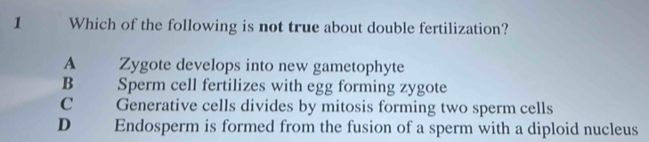 Which of the following is not true about double fertilization?
A Zygote develops into new gametophyte
B Sperm cell fertilizes with egg forming zygote
C Generative cells divides by mitosis forming two sperm cells
D Endosperm is formed from the fusion of a sperm with a diploid nucleus