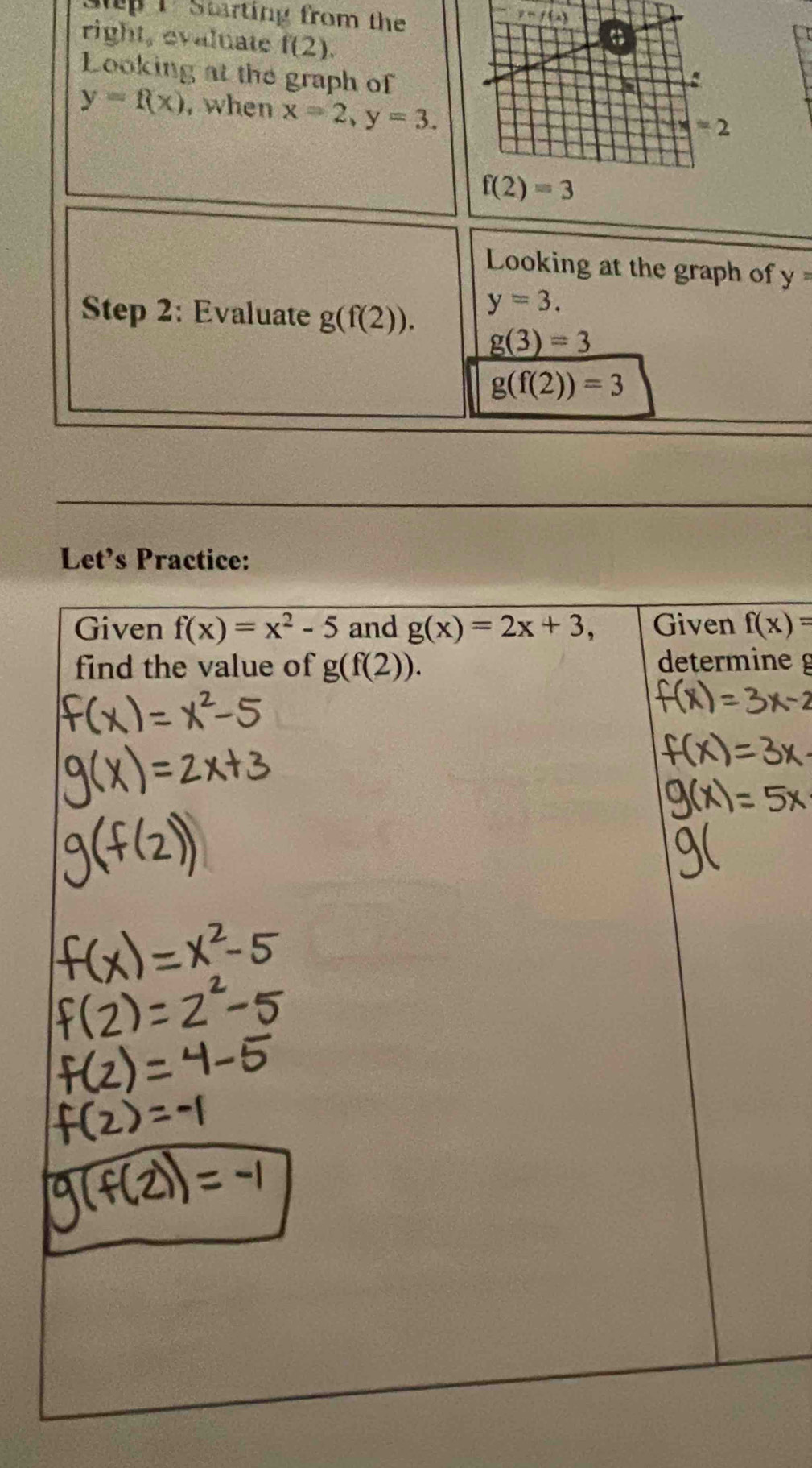 Starting from the
right, evaluate f(2).
Looking at the graph of
y=f(x) , when x=2,y=3.
f(2)=3
Looking at the graph of y=
Step 2: Evaluate g(f(2)).
y=3.
g(3)=3
g(f(2))=3
Let’s Practice:
f(x)=
ne g